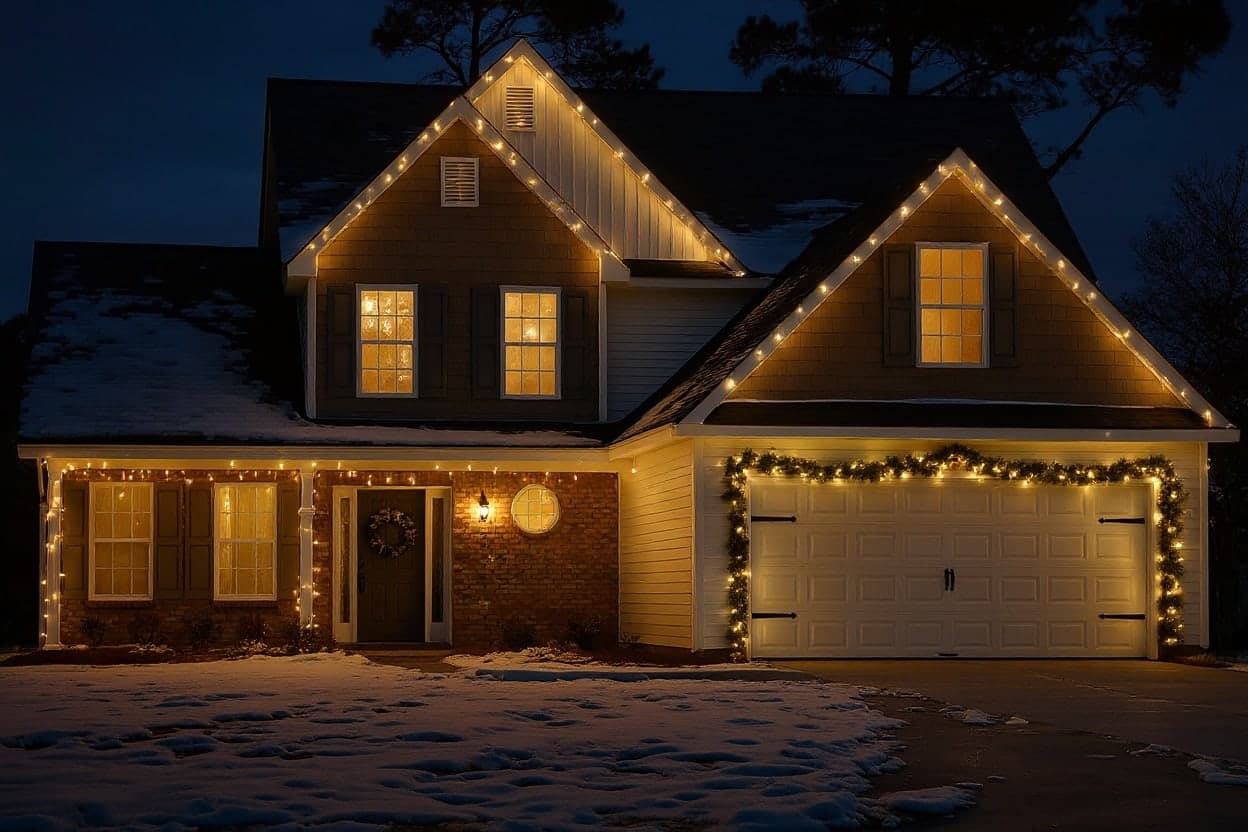 The same home decorated for Christmas with roofline lights, garland, a wreath, and warm-lit windows at dusk with snow