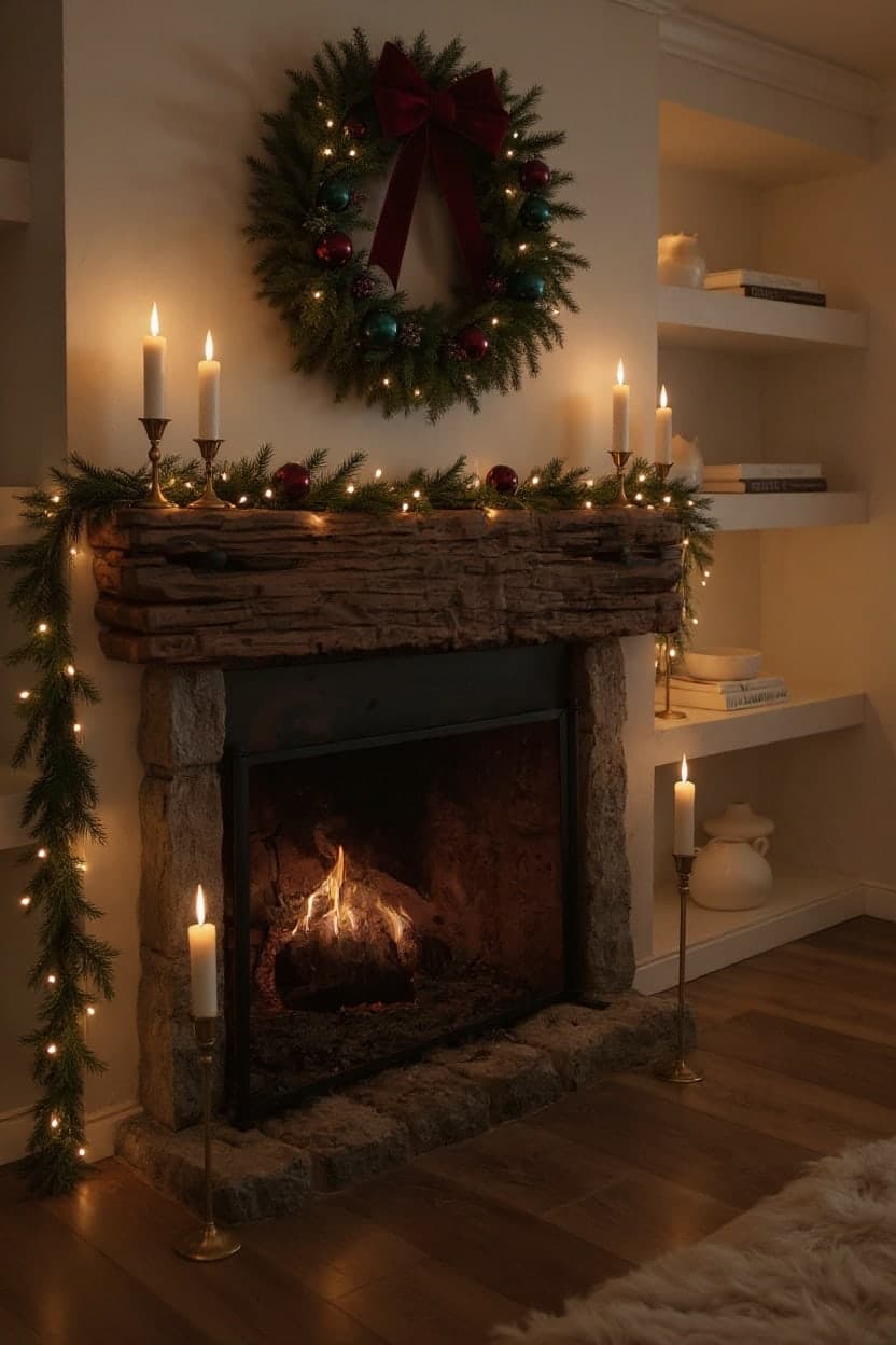 The same fireplace decorated with garland, a wreath, and candles