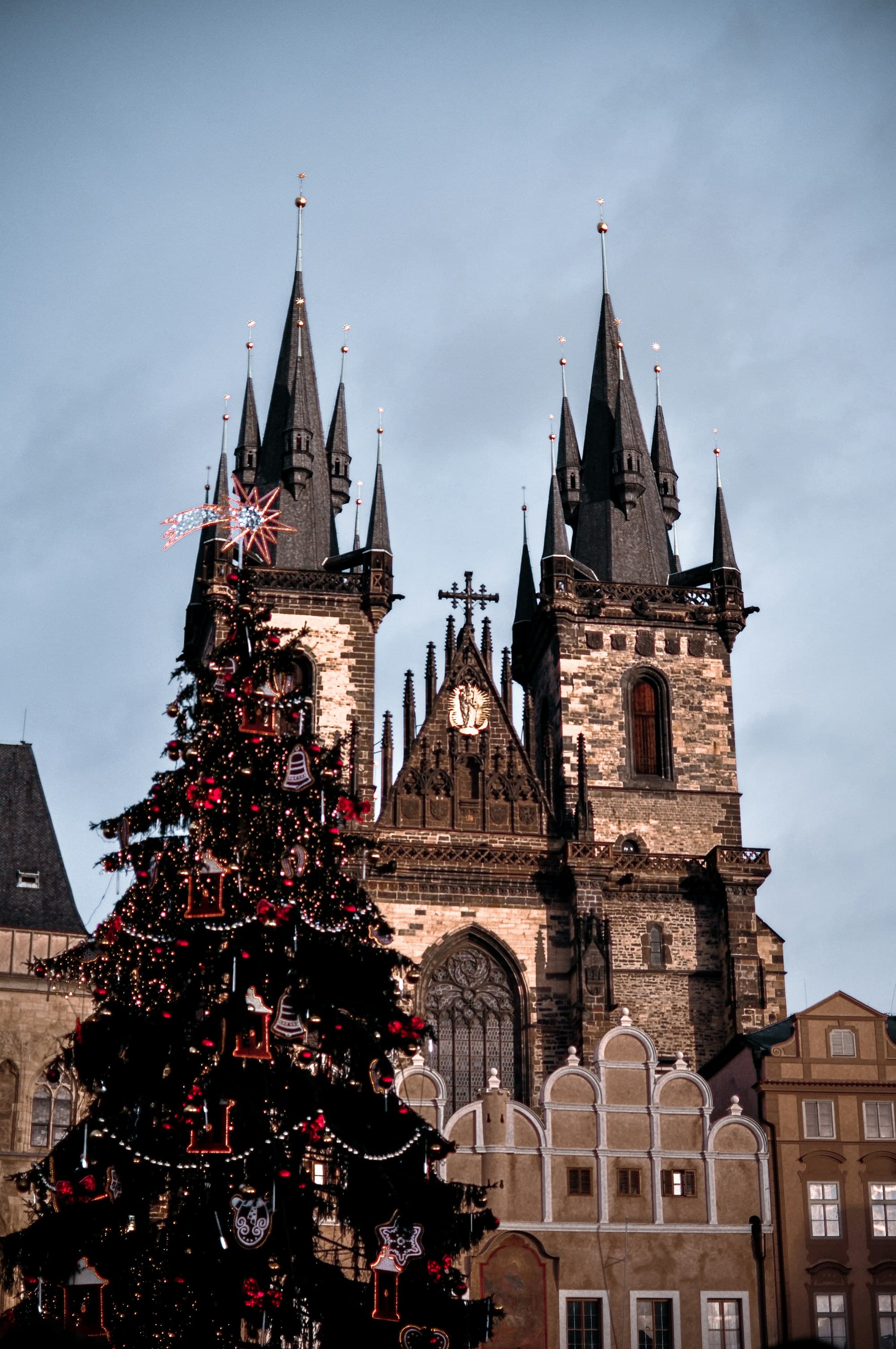 A tall Christmas tree decorated with red ornaments and traditional gingerbread cookies in Prague's Old Town Square, with the dark Gothic spires of the Church of Our Lady before Tyn rising behind it at dusk