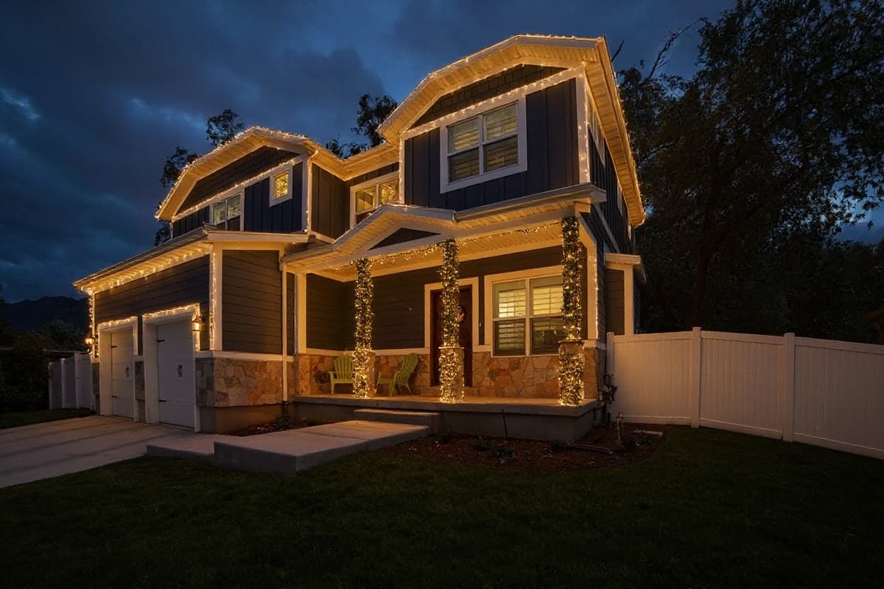 A craftsman-style home at dusk decorated for Christmas with warm white roofline lights, evergreen garland along the porch, and a lit wreath on the door