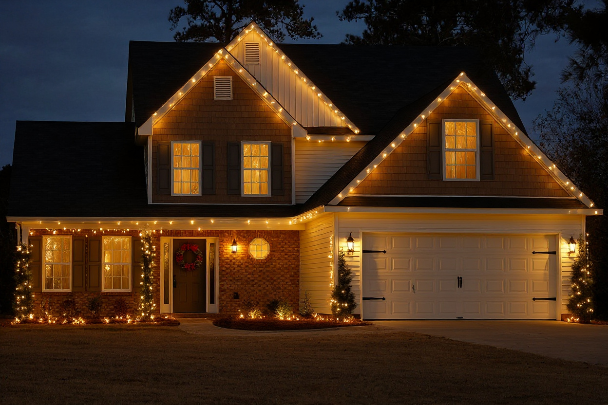 Front of house decorated for Christmas